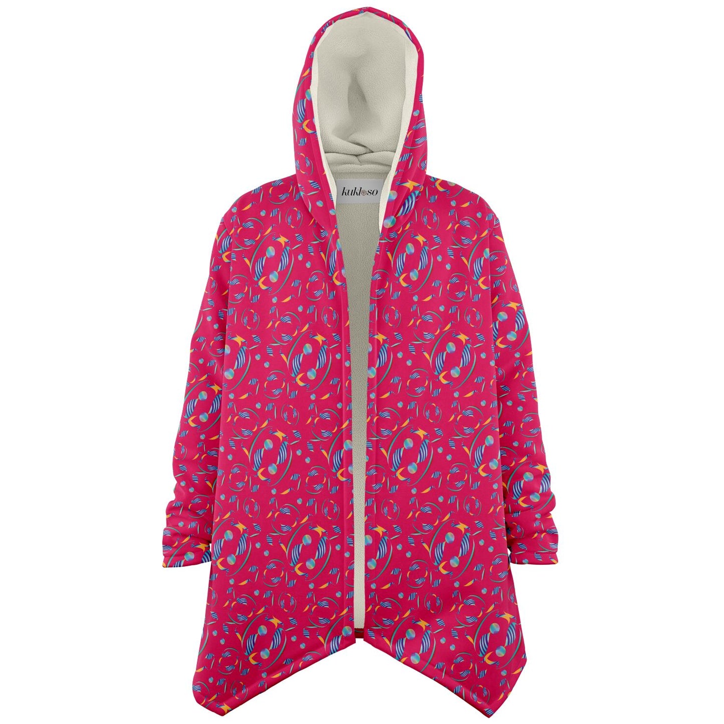 Microfleece Cloak - AOP Kukloso Whimsical No 8 Abstract Aqua,Navy & Yellow shapes on Magenta bkgd. - Free Shipping