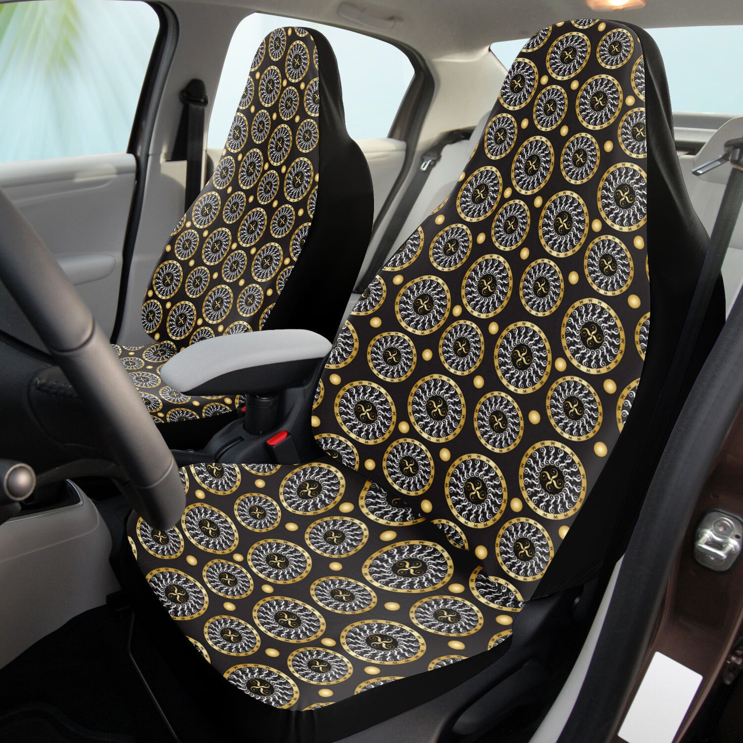 Car Seat Cover - AOP Kukloso Abstractical No 173 Mandala design in Gold & White colors- Free Shipping