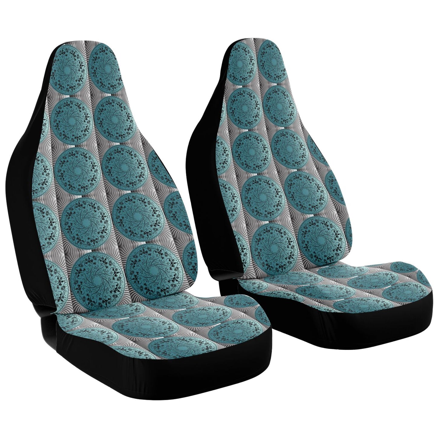 Car Seat Cover - AOP Kukloso No 155 Mandala design, Aqua-Black on Silver - Free Shipping