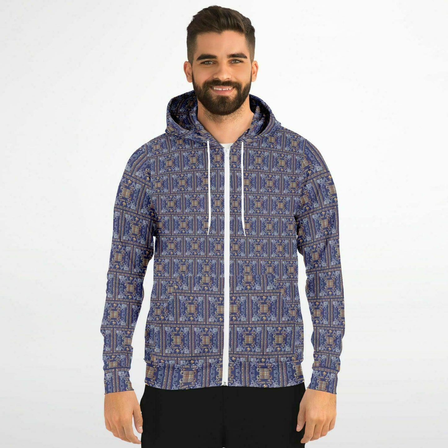 Fashion Zip-Up Hoodie - AOP Kukloso Greek Border No 41 No 2 Carpe Diem, Gold & Silver on Navy - Free Shipping
