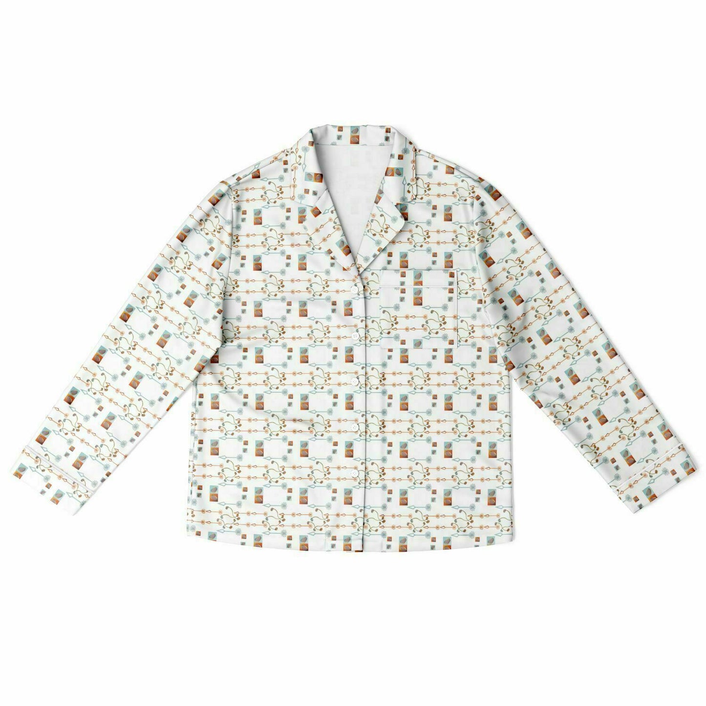 Women's Satin Pajamas - AOP Kukloso Melange de fleur No 21 Multicolored abstract shapes - Gold, Aqua & Navy on White - Free Shipping