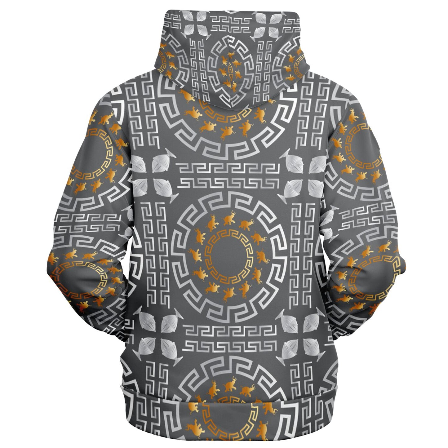 Fashion Zip-Up Hoodie - AOP Kukloso Greek Border with Elephant No 40 Silver & Gold on Gray - Free Shipping