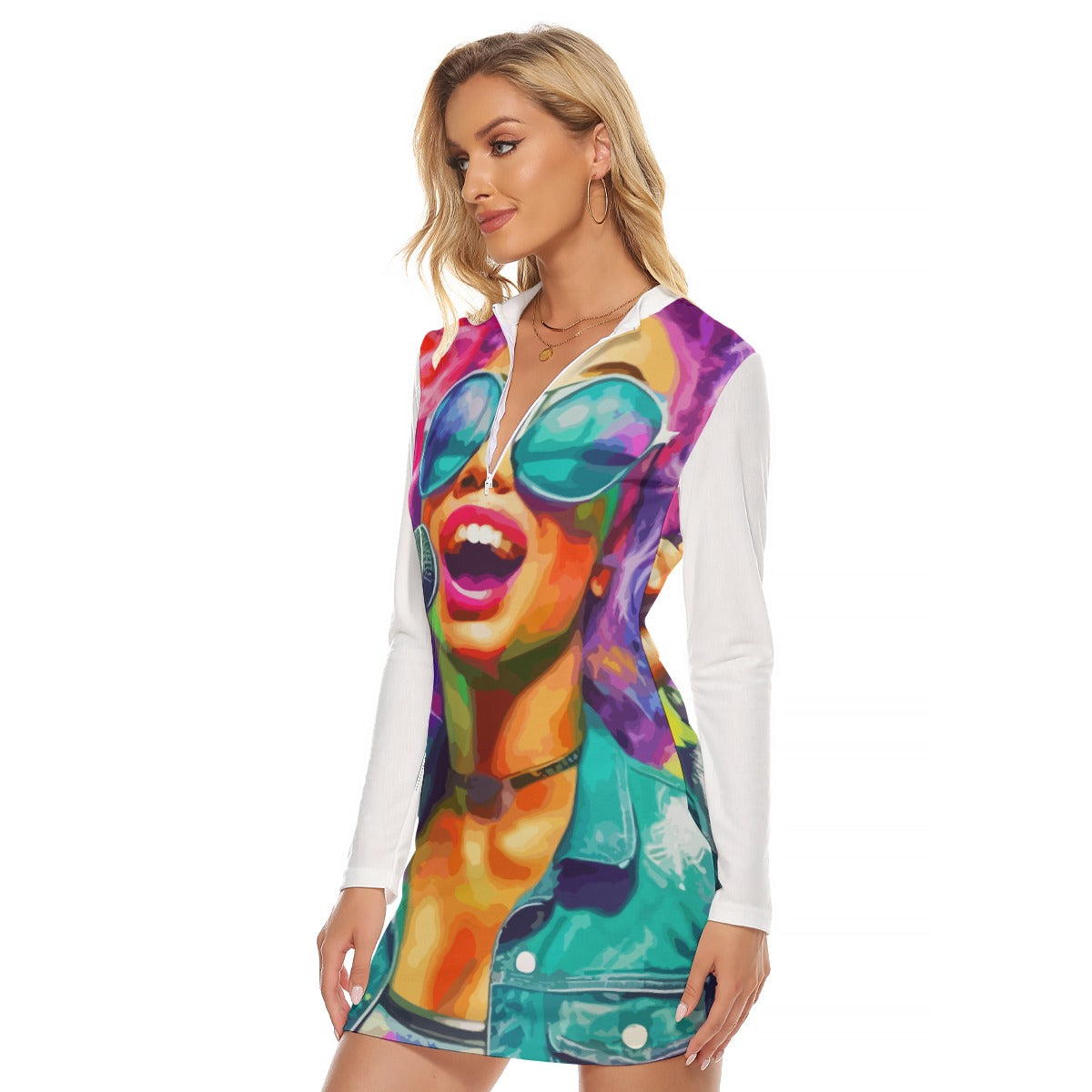 All-Over Print Women's Zip Front Tight Dress Kuknoso Abstract No 1025
