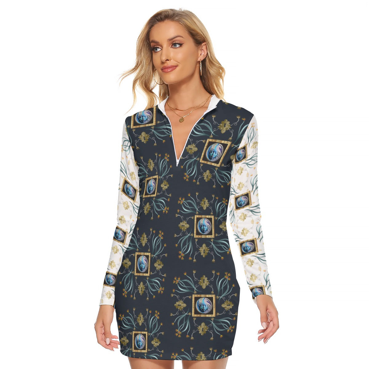 All-Over Print Women's Zip Front Tight Dress Kukloso Abstract No 1134