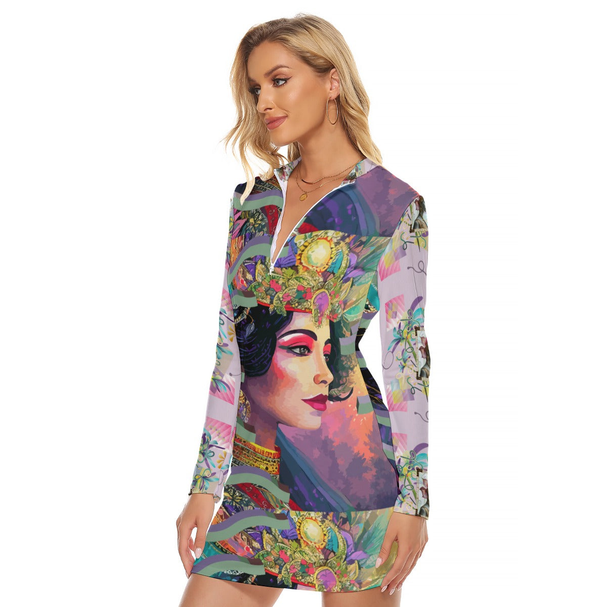 All-Over Print Women's Zip Front Tight Dress Kukloso Abstract No 45