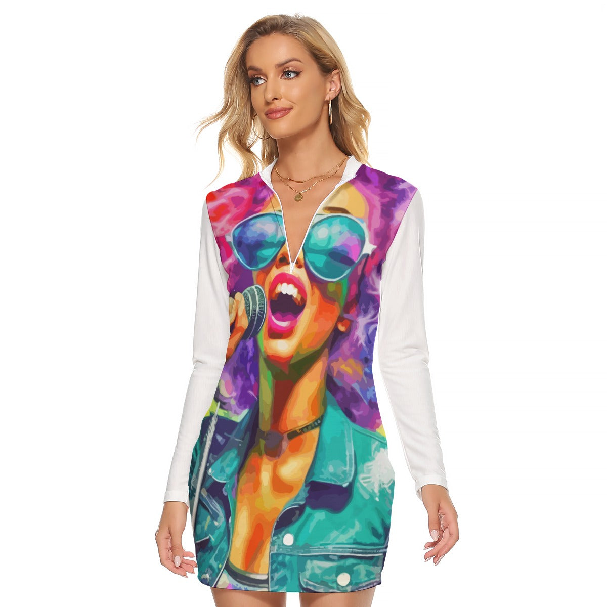 All-Over Print Women's Zip Front Tight Dress Kuknoso Abstract No 1025