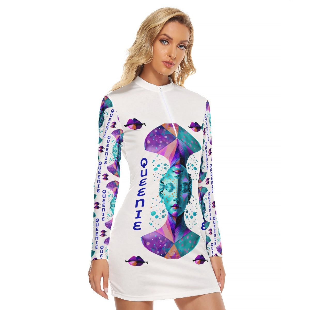 All-Over Print Women's Zip Front Tight Dress Kukloso Abstract No 365