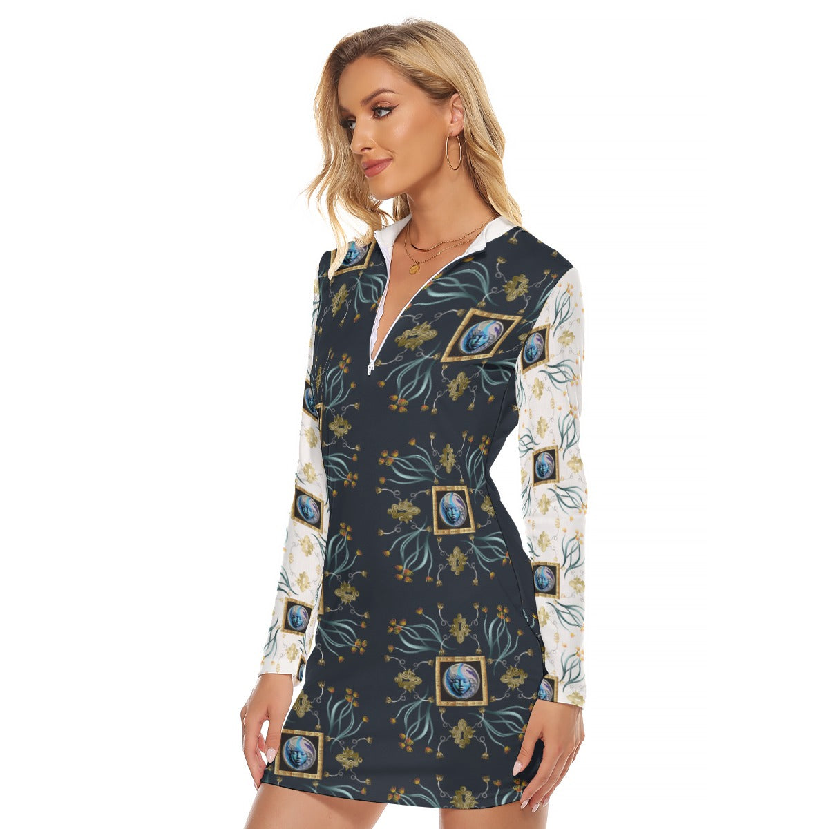 All-Over Print Women's Zip Front Tight Dress Kukloso Abstract No 1134