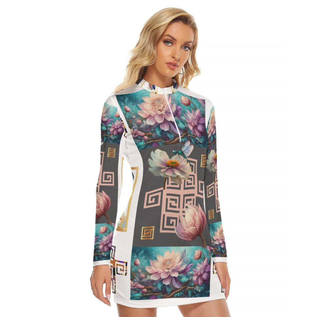 All-Over Print Women's Zip Front Tight Dress Kukloso Abstract No 1812