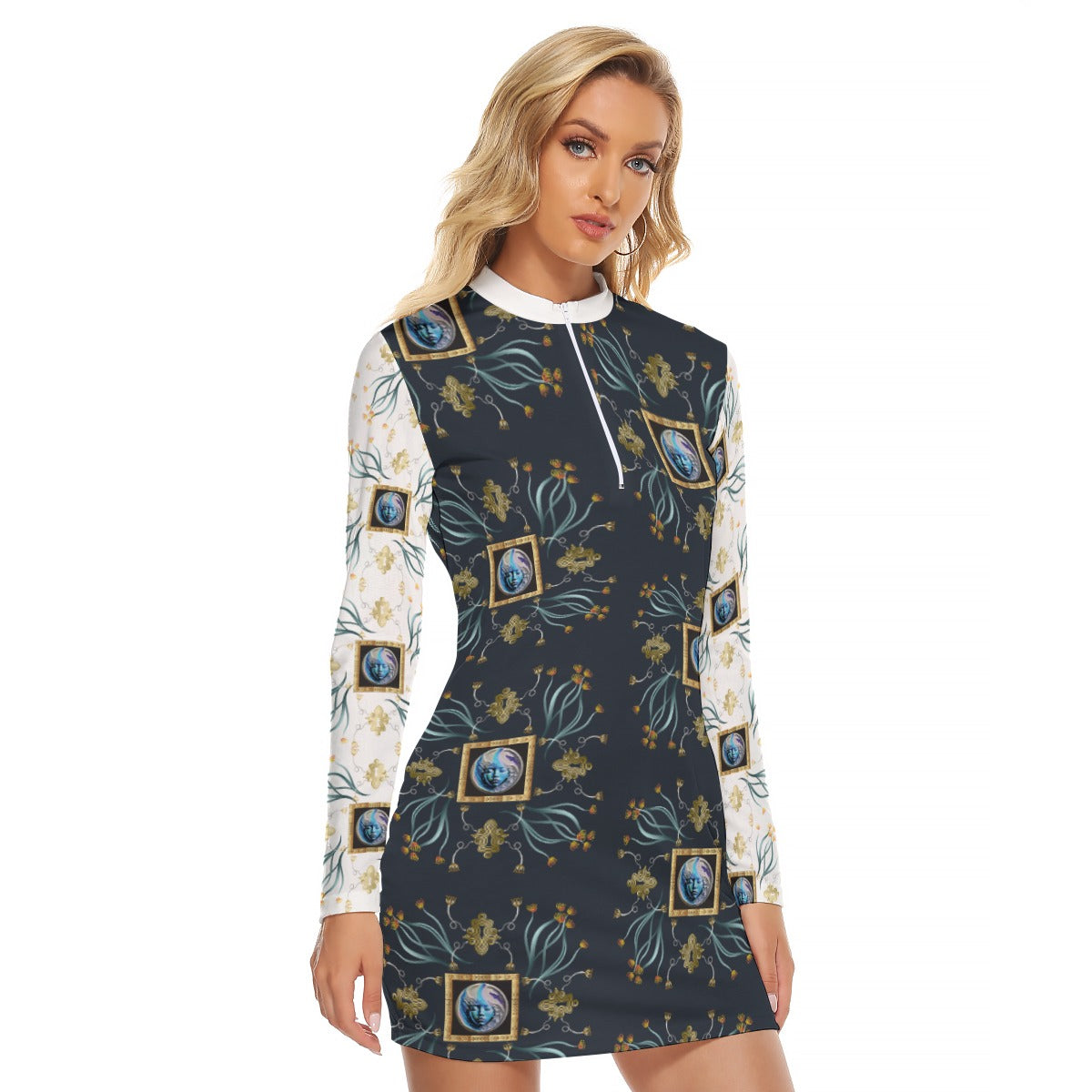 All-Over Print Women's Zip Front Tight Dress Kukloso Abstract No 1134