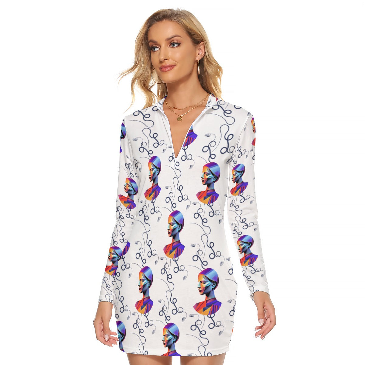 All-Over Print Women's Zip Front Tight Dress Kukloso Abstract No 1239