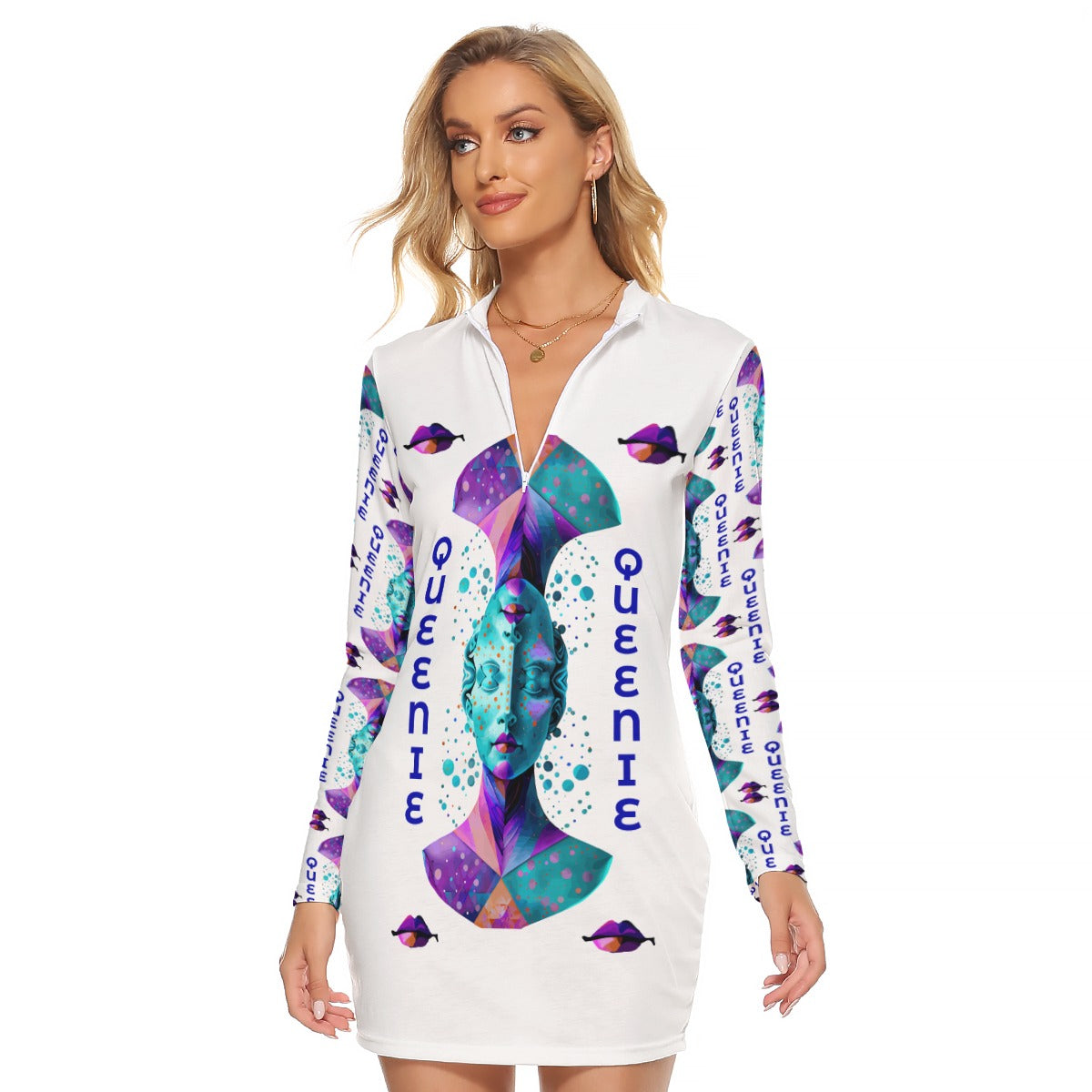 All-Over Print Women's Zip Front Tight Dress Kukloso Abstract No 365