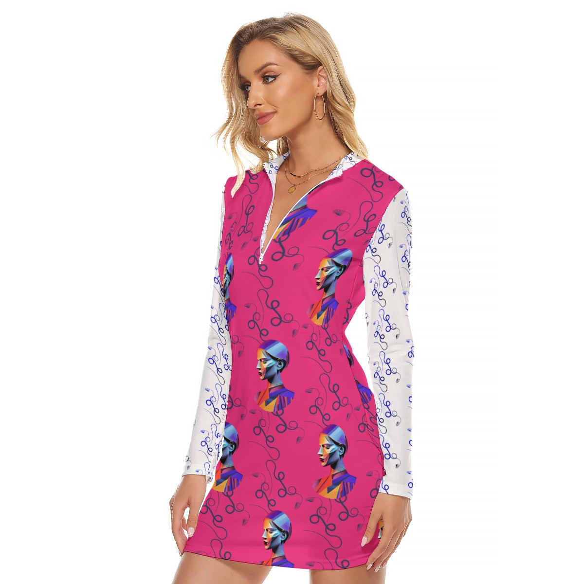 All-Over Print Women's Zip Front Tight Dress Kukloso Abstract No 1240