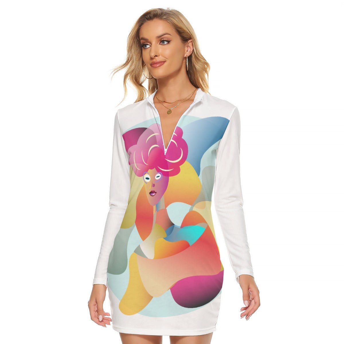 All-Over Print Women's Zip Front Tight Dress Kukloso Abstract No 1500