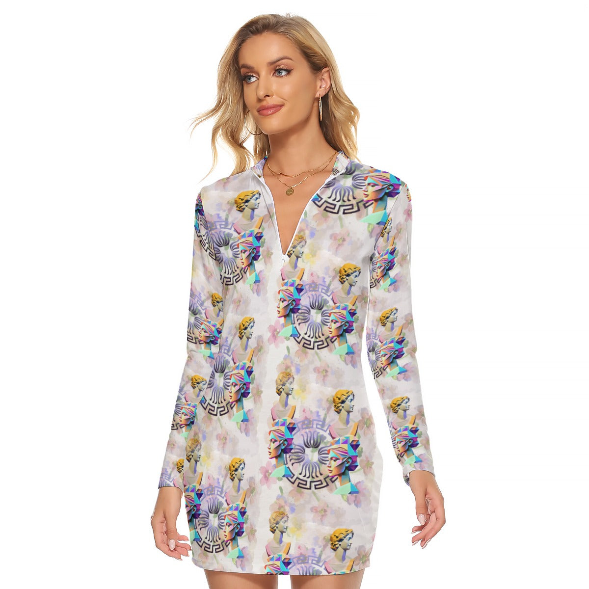 All-Over Print Women's Zip Front Tight Dress Kukloso Abstract No 1438