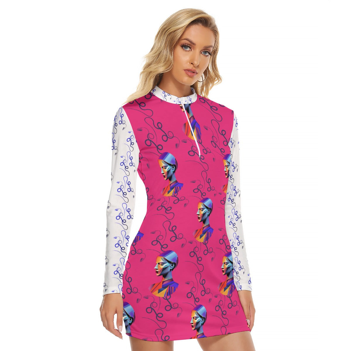 All-Over Print Women's Zip Front Tight Dress Kukloso Abstract No 1240
