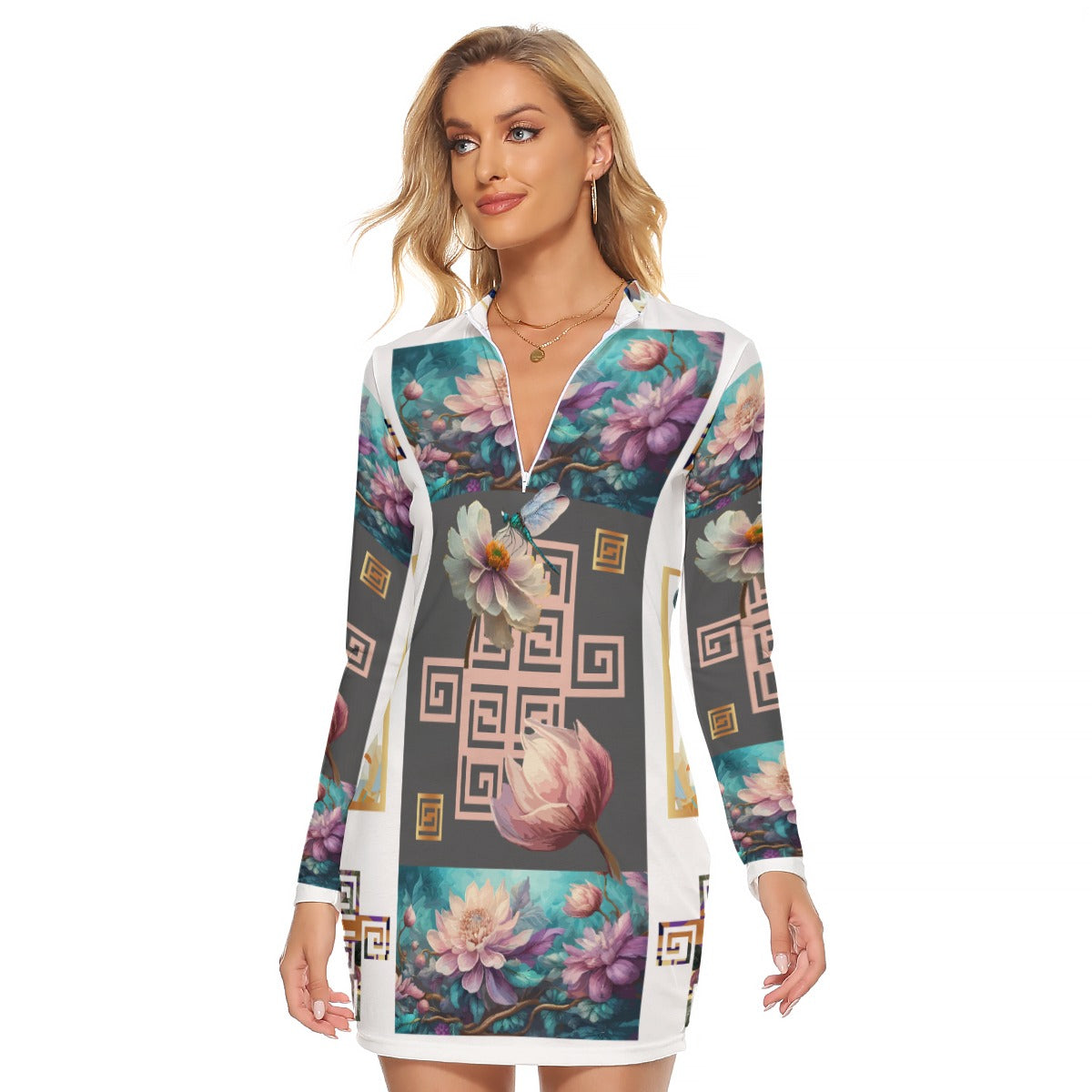 All-Over Print Women's Zip Front Tight Dress Kukloso Abstract No 1812