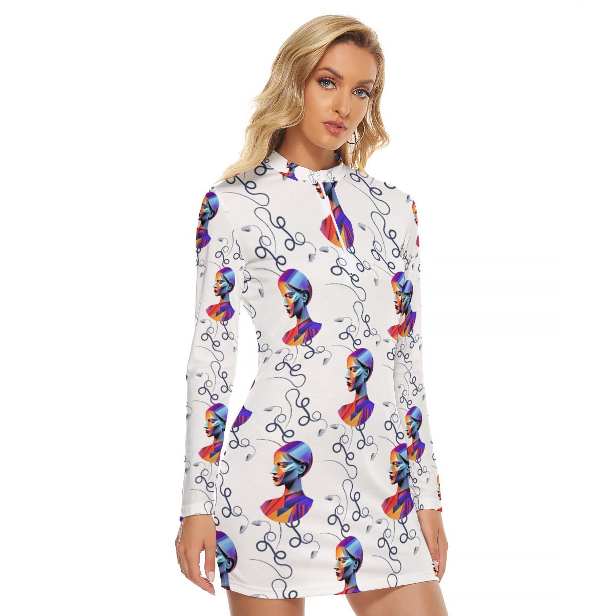 All-Over Print Women's Zip Front Tight Dress Kukloso Abstract No 1239