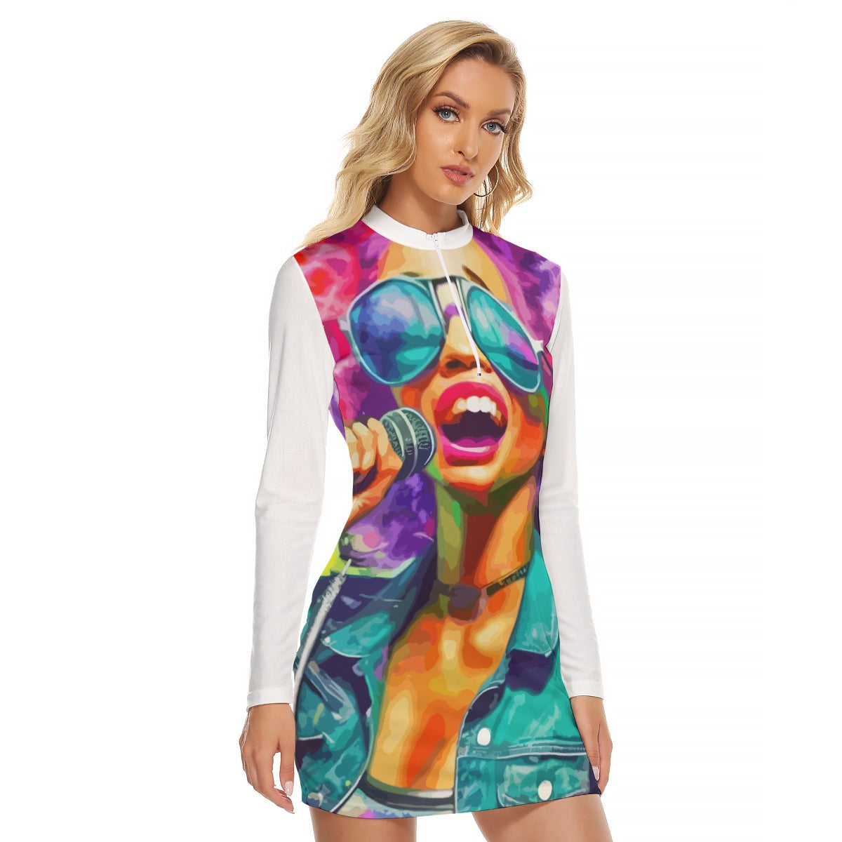 All-Over Print Women's Zip Front Tight Dress Kuknoso Abstract No 1025