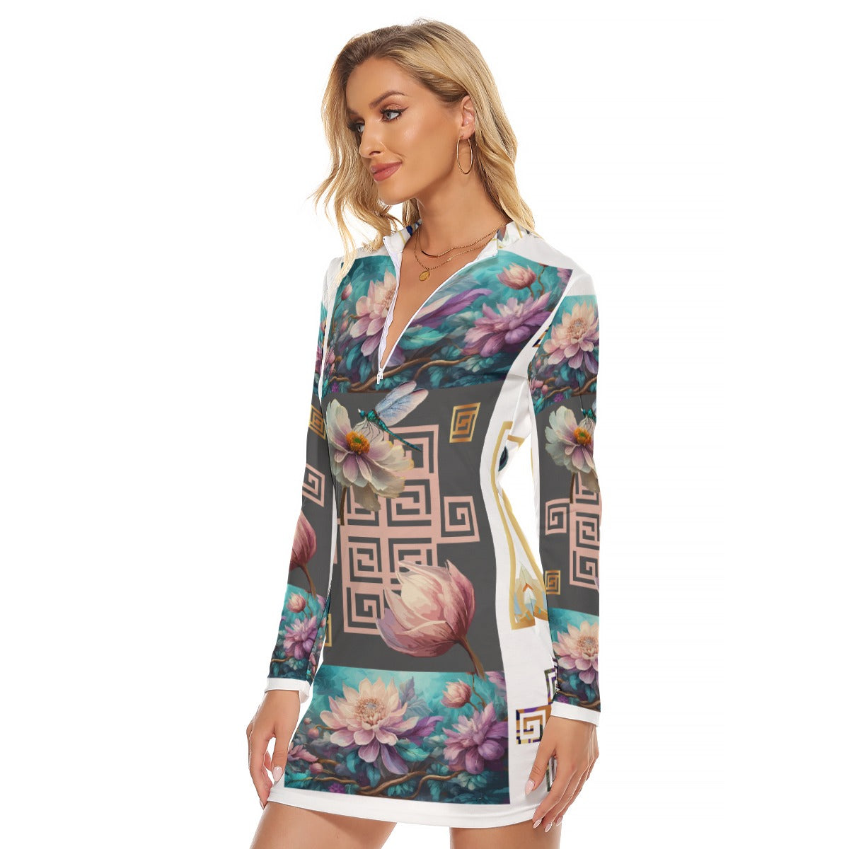 All-Over Print Women's Zip Front Tight Dress Kukloso Abstract No 1812