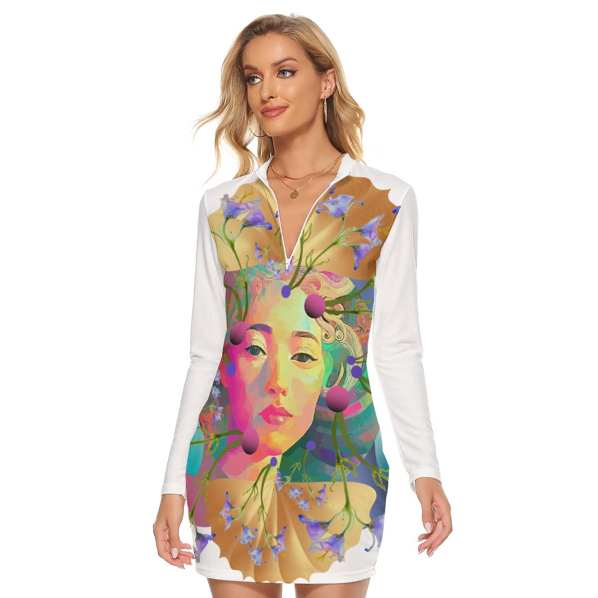 All-Over Print Women's Zip Front Tight Dress Kukloso Abstract No 1355