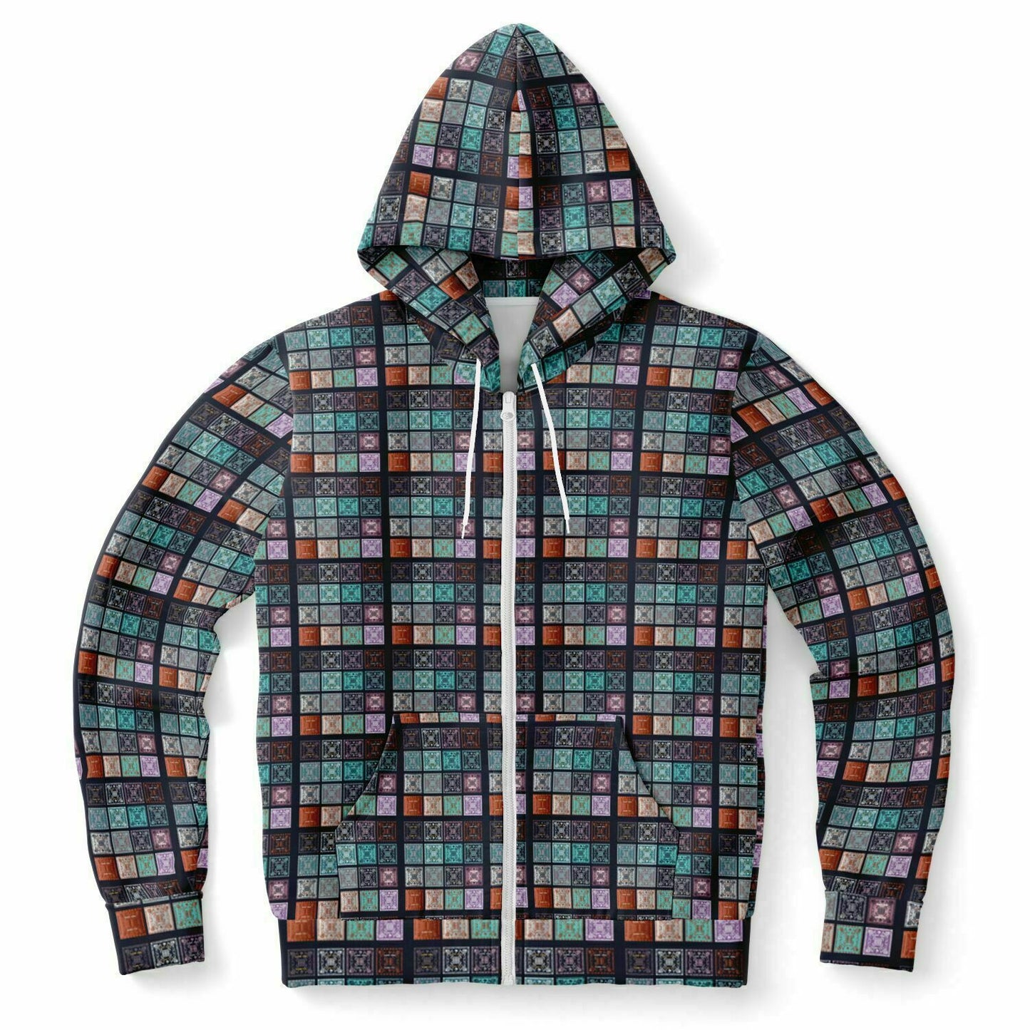 Fashion Zip-Up Hoodie - AOP Kukloso Greek Border No 51 No 1 Carpe Diem - Copper, Chocolate, Silver & Blue-Green on Black - Free Shipping