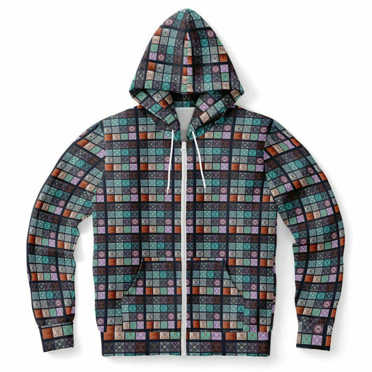 Fashion Zip-Up Hoodie - AOP Kukloso Greek Border No 51 No 1  Carpe Diem - Copper, Chocolate, Silver & Blue-Green on Black - Free Shipping