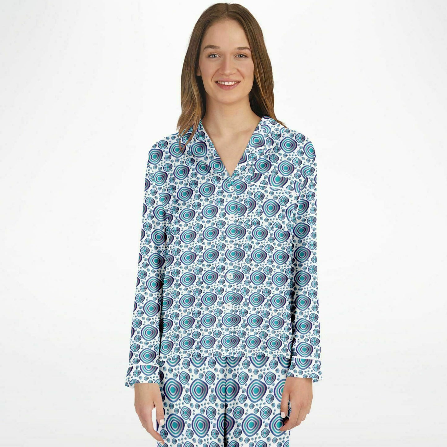 Women's Satin Pajamas - AOP Kukloso Abstractical No 96 Circle shapes Navy - Aqua - Free Shipping