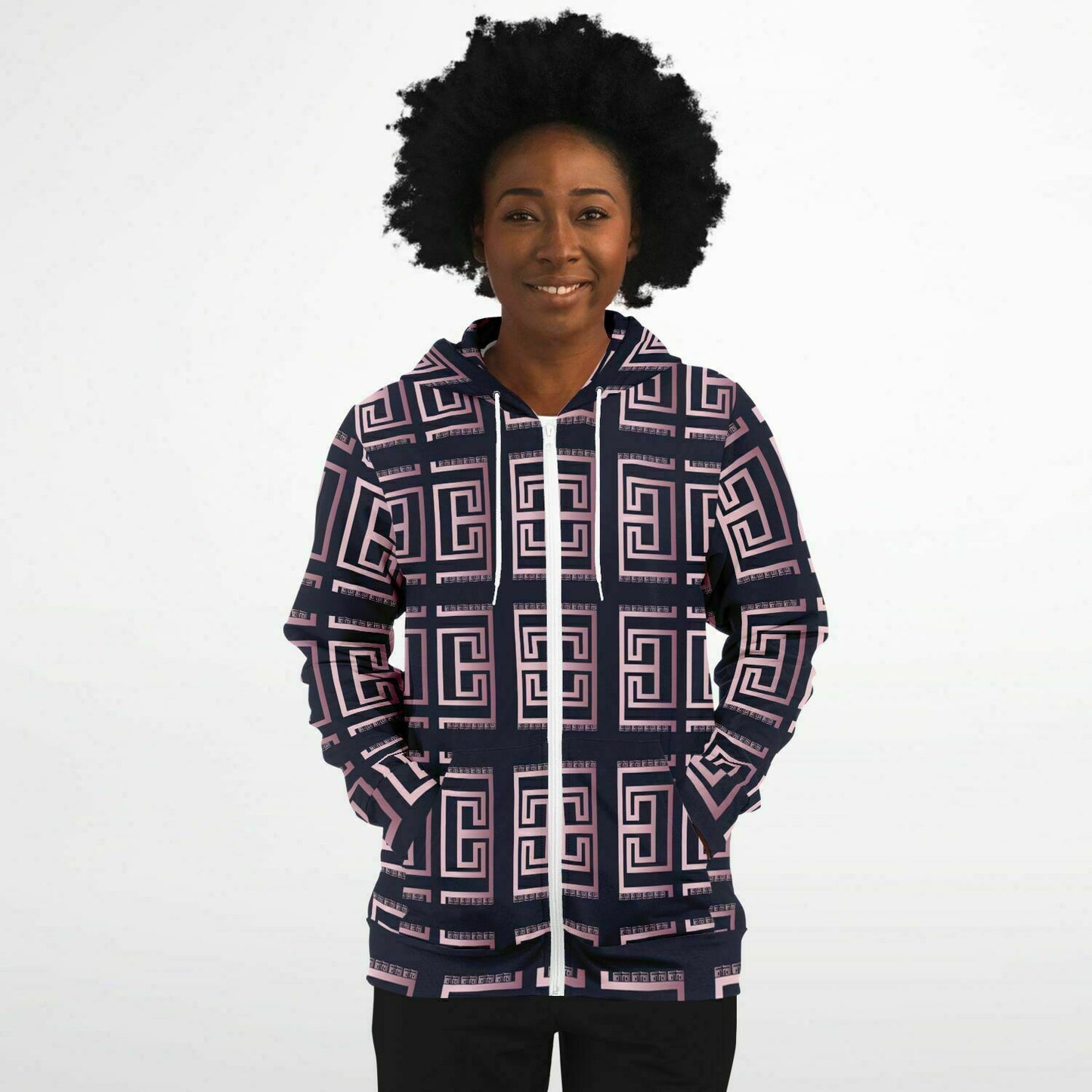 Fashion Zip-Up Hoodie - AOP Kukloso Greek Border No 33 Pink on Navy - Free Shipping