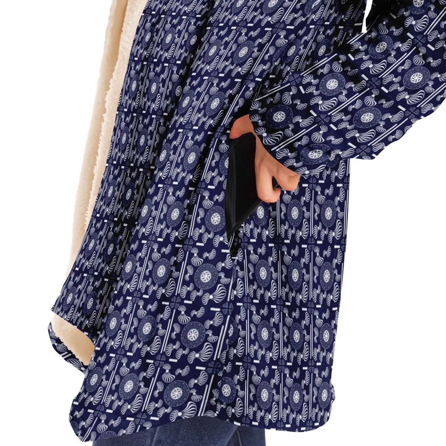 Microfleece Cloak - AOP Kukloso Whimsical No 108 Intricate White Mandala pattern on Navy - Free Shipping