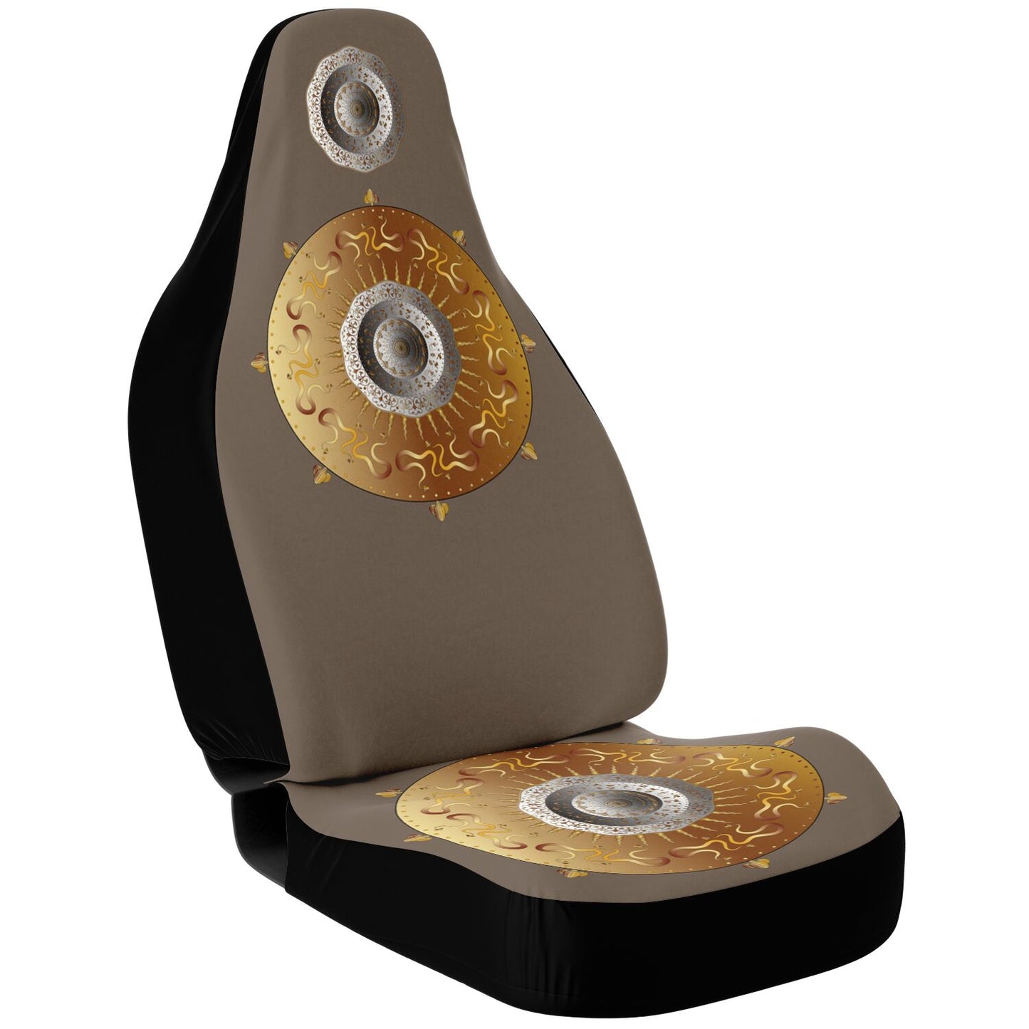 Car Seat Cover - AOP Kukloso Intricate Mandala design, Gold & Silver colors on Cocoa- Free Shipping