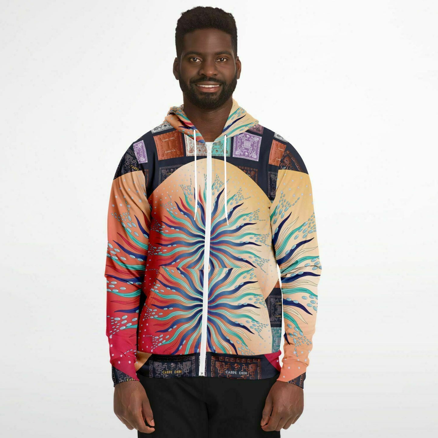 Fashion Zip-Up Hoodie - AOP Kukloso Mandala No 5B Multicolored Combo on a Carpe Diem Greek Border - Free Shipping