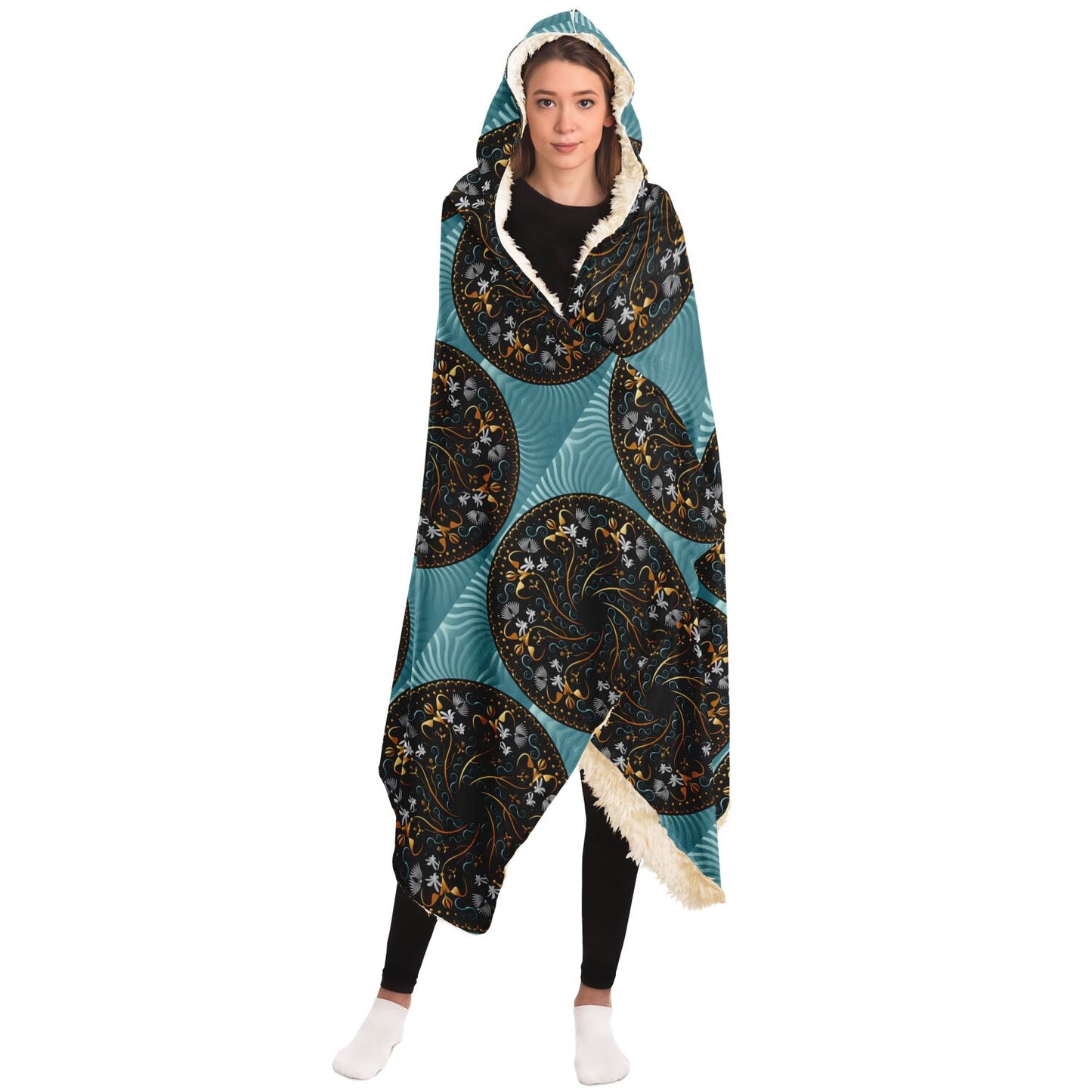 Hooded Blanket - AOP Mandala No 155 Aqua, Silver, Copper, Gold on Patterned Aqua