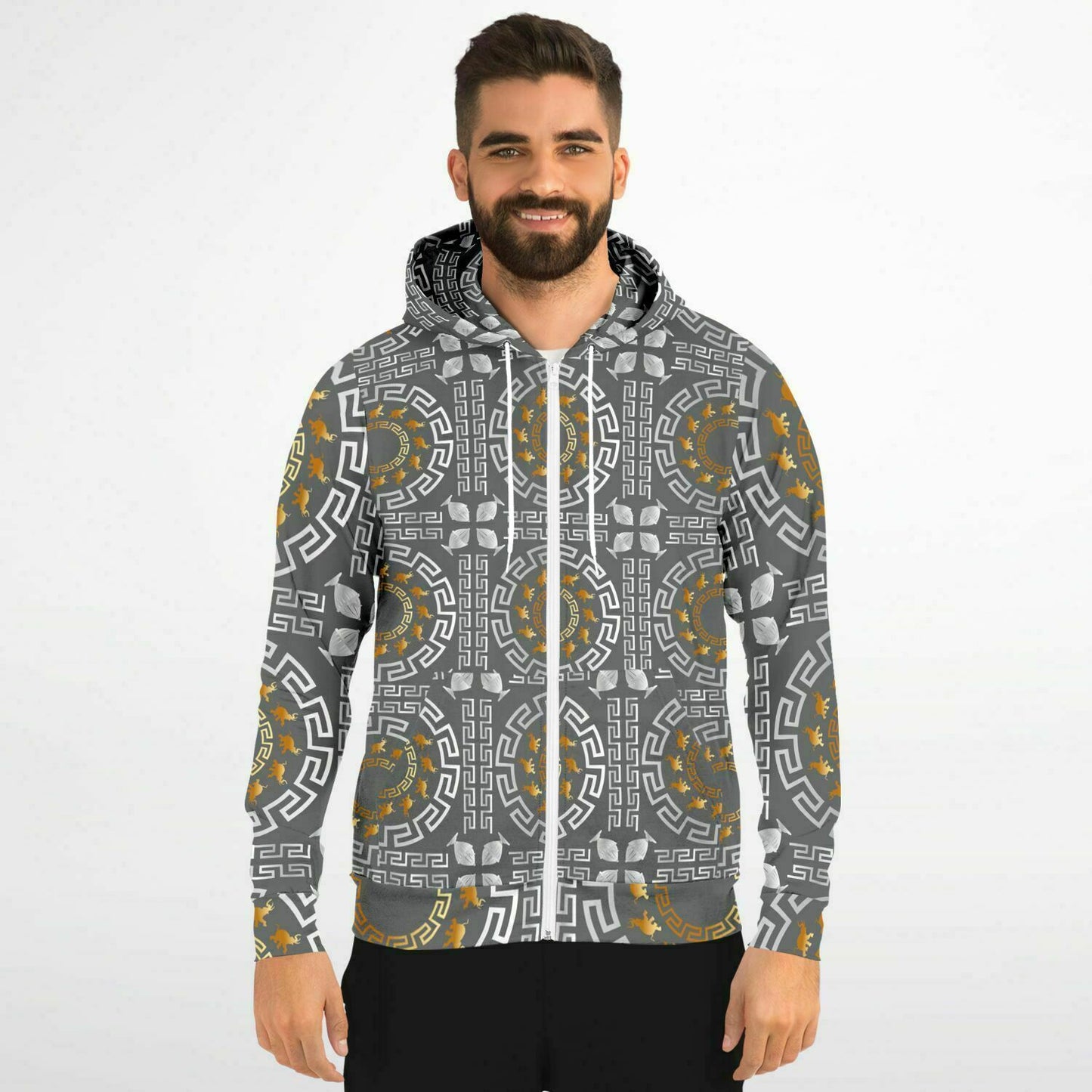 Fashion Zip-Up Hoodie - AOP Kukloso Greek Border with Elephant No 40 Silver & Gold on Gray - Free Shipping