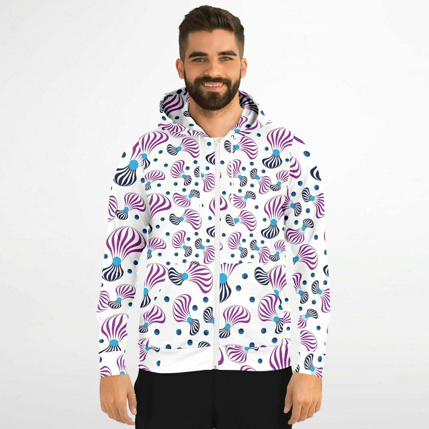 Fashion Zip-Up Hoodie - AOP Kukloso Whimsical l No 95 Pink and Navy on White - Free Shipping