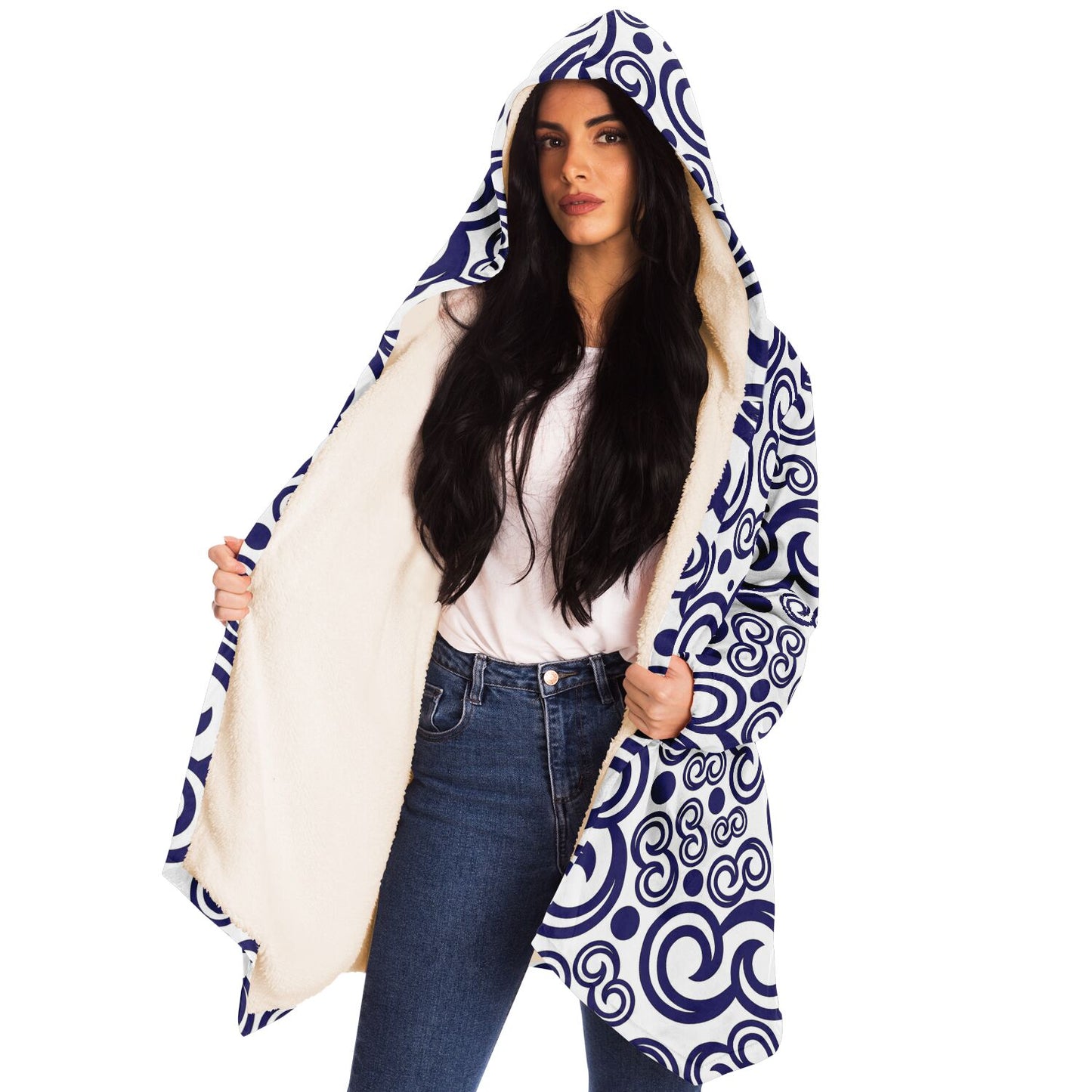 Microfleece Cloak - AOP Kukloso Fleurons No 7 Abstract Navy shapes on White - Free Shipping