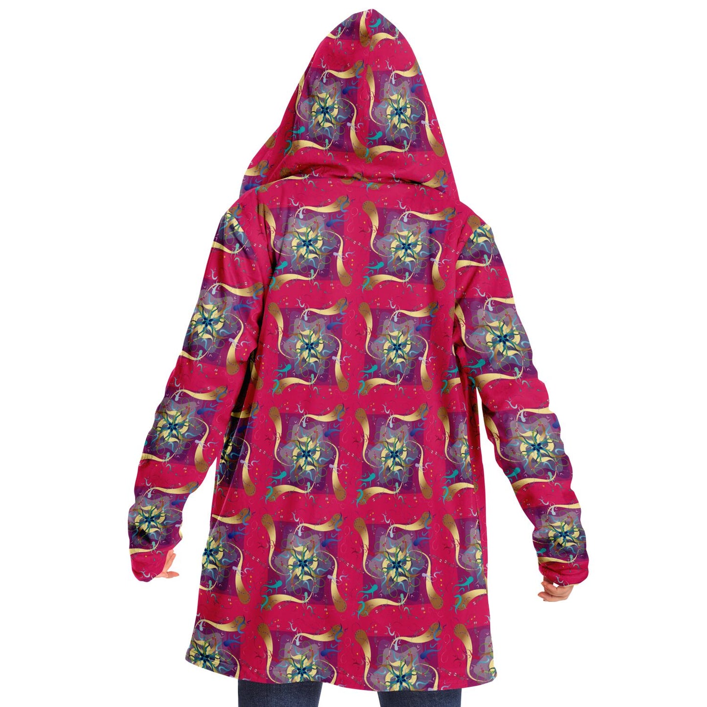 Microfleece Cloak - AOP Kukloso Whimsical No 27 Aqua, Gold Mandala on Magenta - Free Shipping