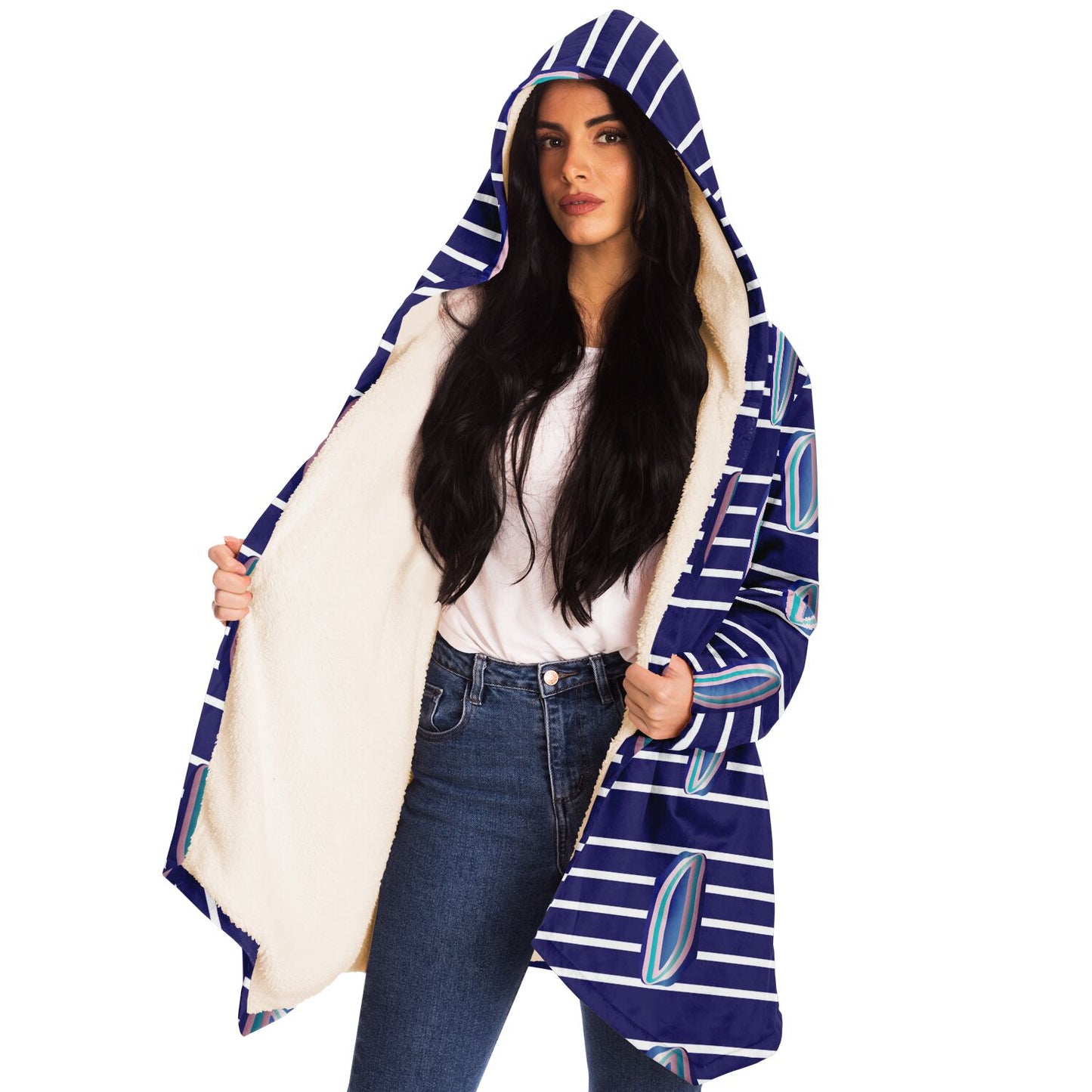 Microfleece Cloak - AOP Kukloso Whimsical No 56 Navy & Aqua abstract shapes on wide Navy stripes. - Free Shipping