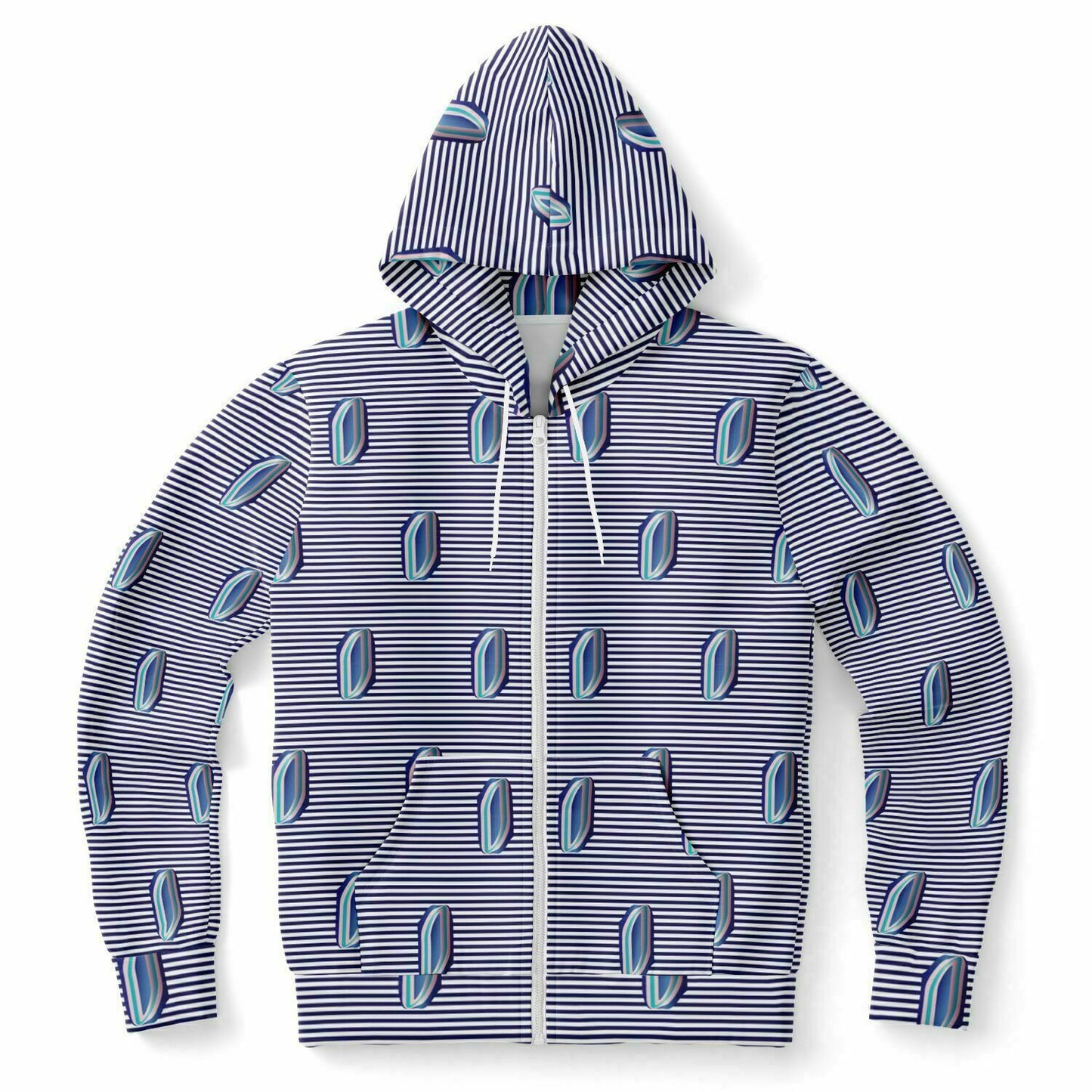 Fashion Zip-Up Hoodie - AOP Kukloso Whimsical No 57 Navy Stripes on White - Free Shipping