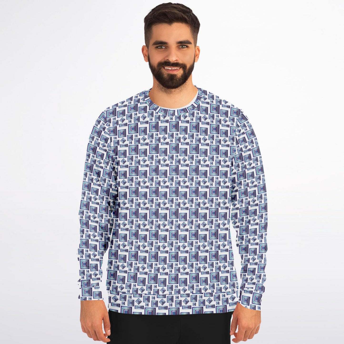 Athletic Sweatshirt - AOP Kukloso Abstractical No 95 Navy, Aqua, Pink Square shapes on White - Free Shipping