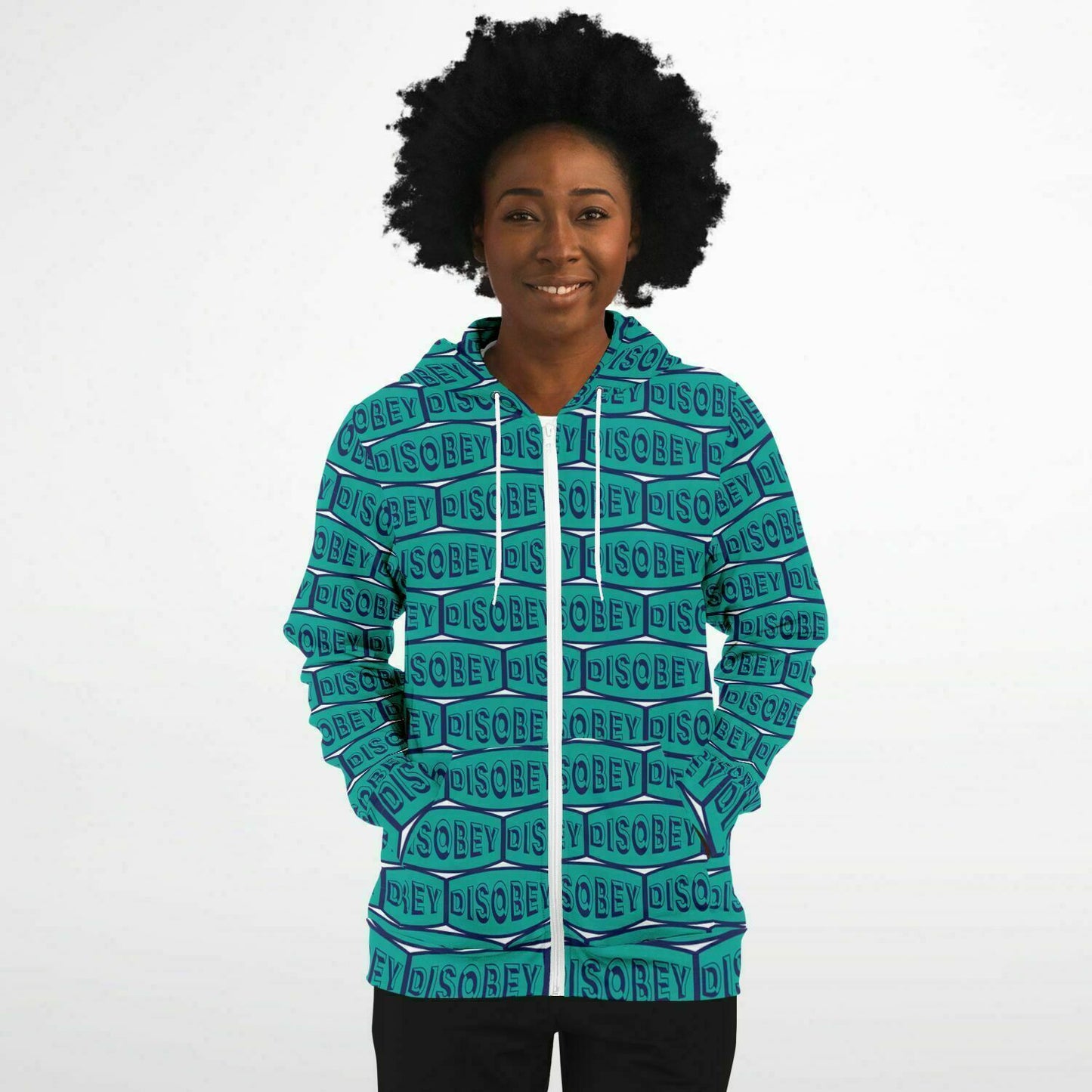 Fashion Zip-Up Hoodie - AOP Kukloso Disobey Logo Navy & Turquoise - Free Shipping