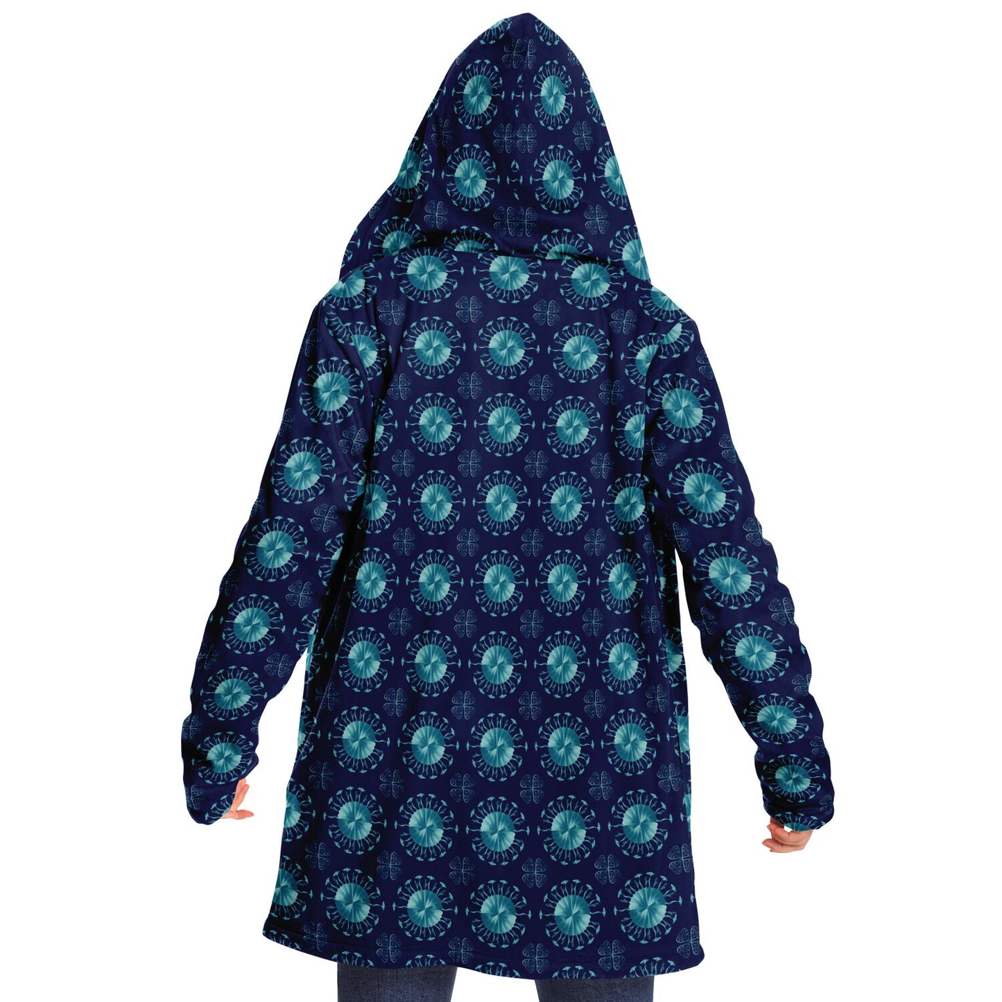 Microfleece Cloak - AOP Kukloso Whimsical No 34 Aqua-Colored Mini-Mandalas on Navy - Free Shipping