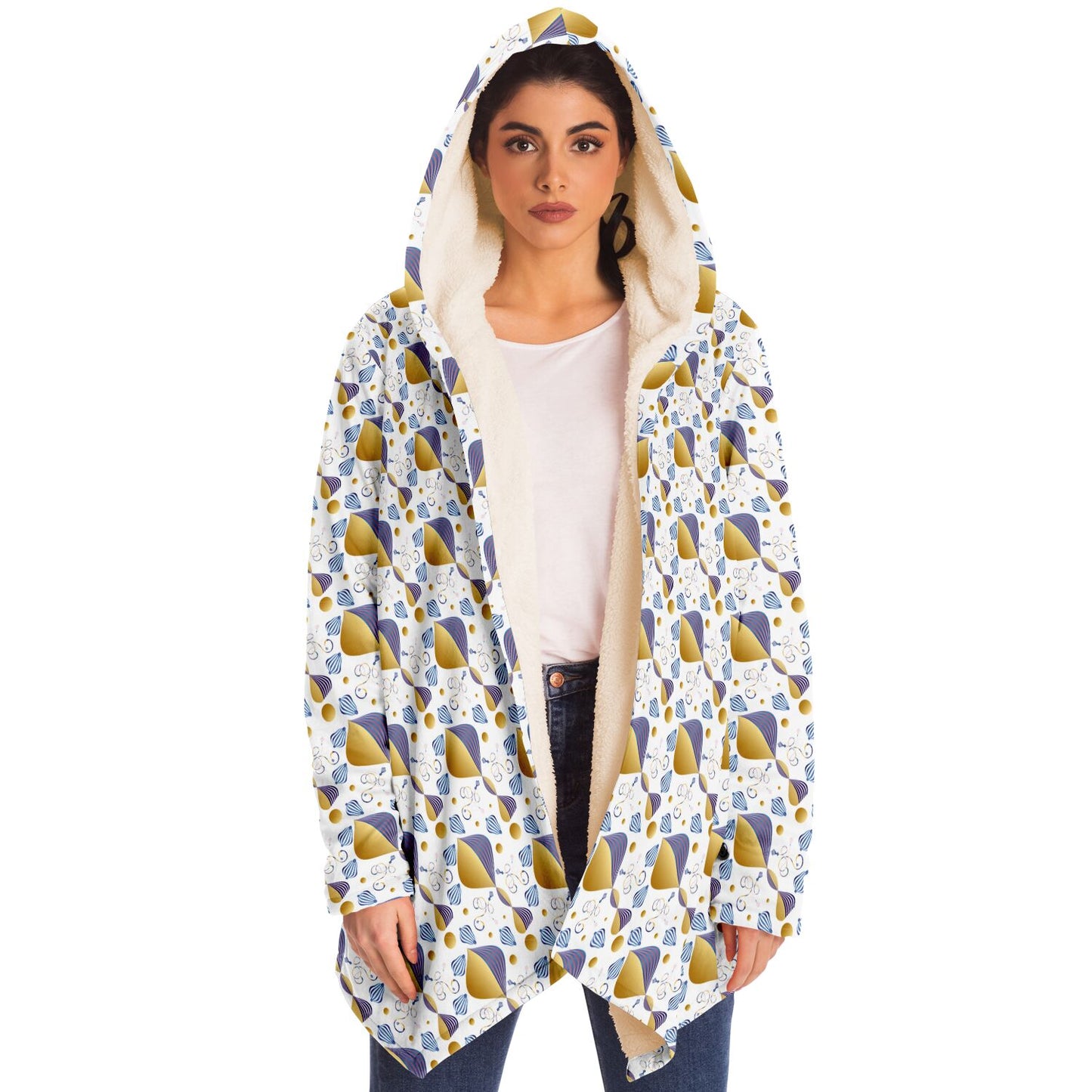 Microfleece Cloak - AOP Kukloso Whimsical No 21 Abstract Gold, Pink & Navy shapes on White - Free Shipping