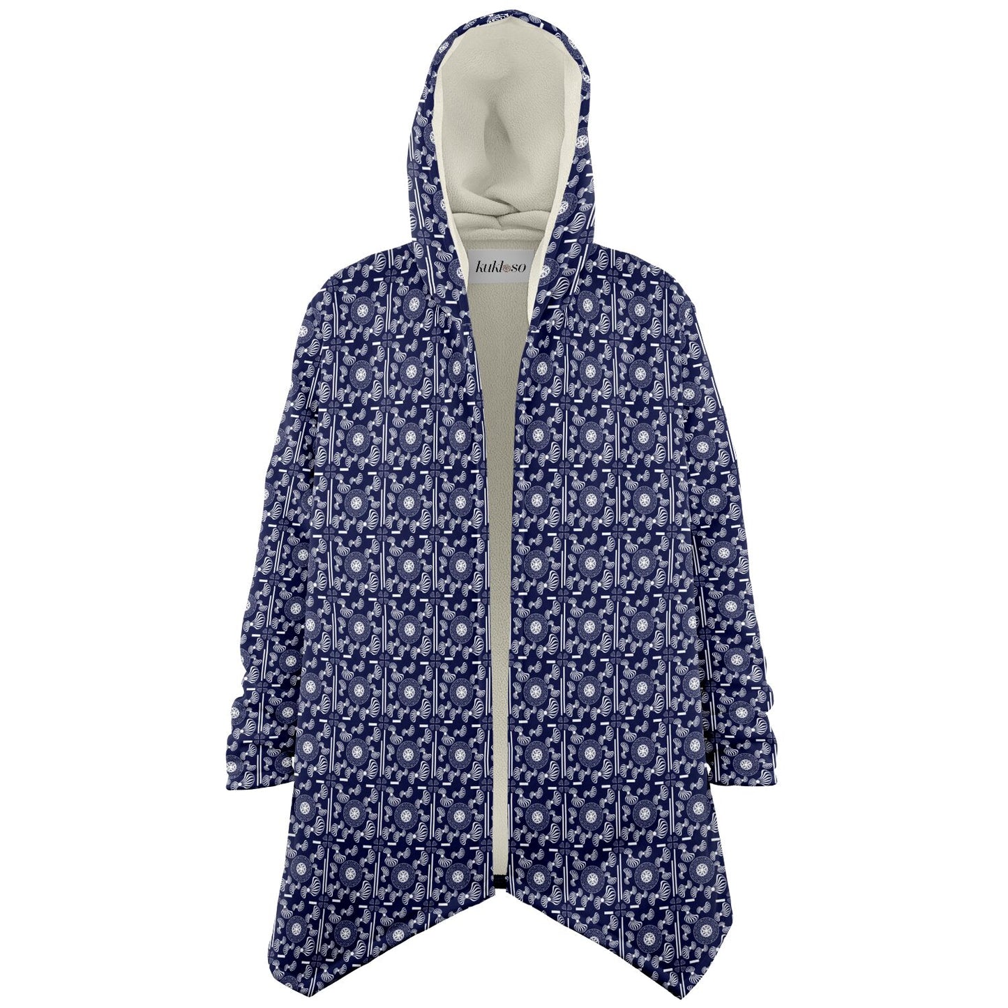 Microfleece Cloak - AOP Kukloso Whimsical No 108 Intricate White Mandala pattern on Navy - Free Shipping