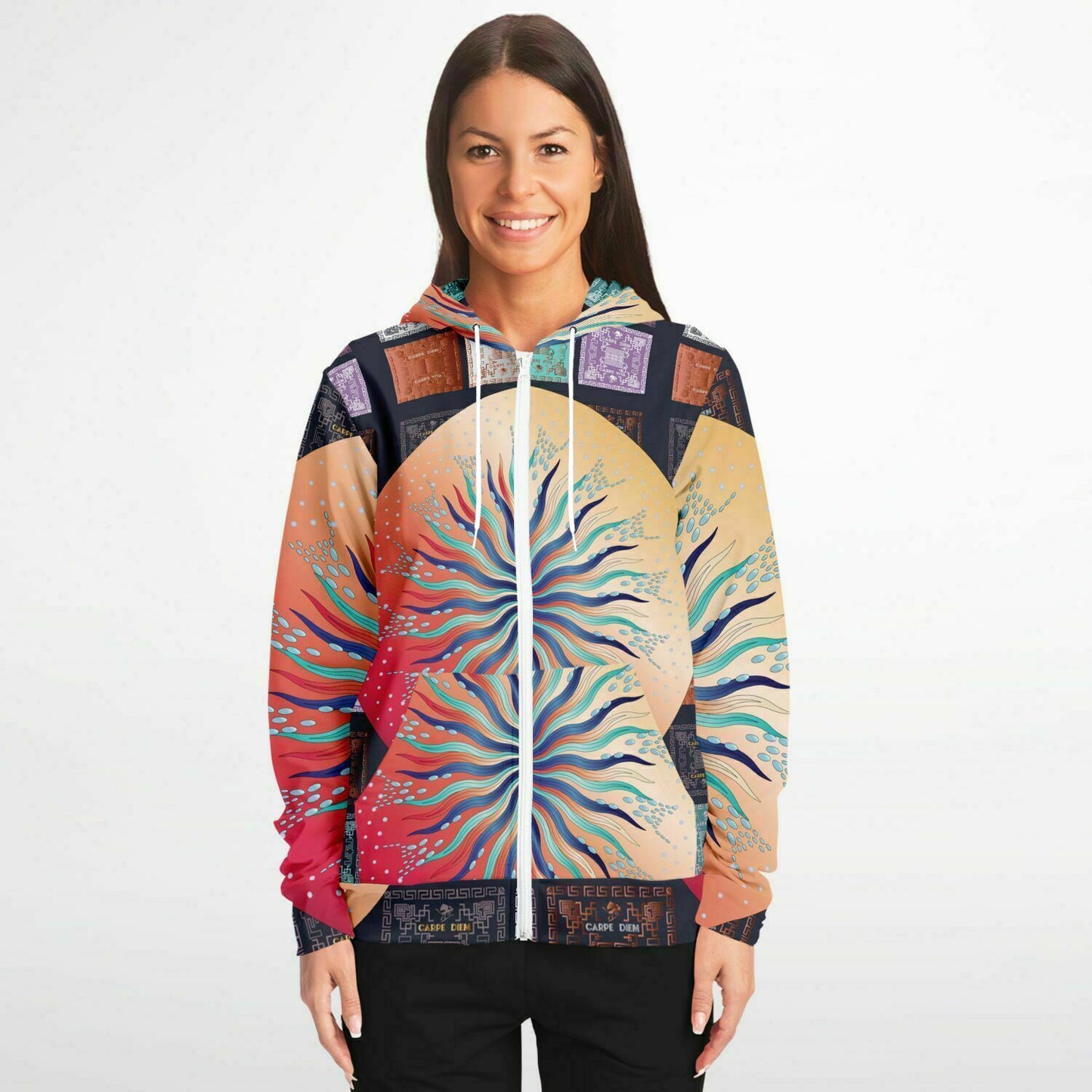 Fashion Zip-Up Hoodie - AOP Kukloso Mandala No 5B Multicolored Combo on a Carpe Diem Greek Border - Free Shipping