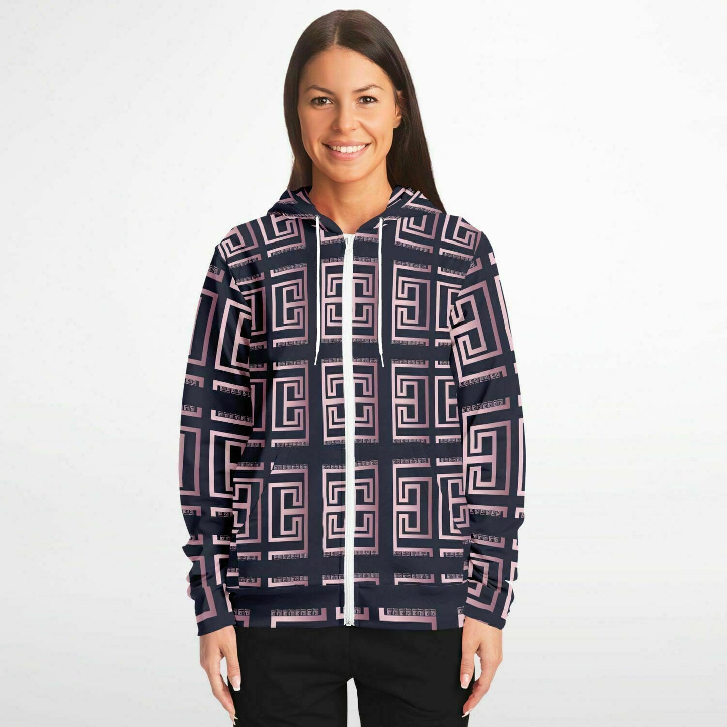 Fashion Zip-Up Hoodie - AOP Kukloso Greek Border No 33 Pink on Navy - Free Shipping