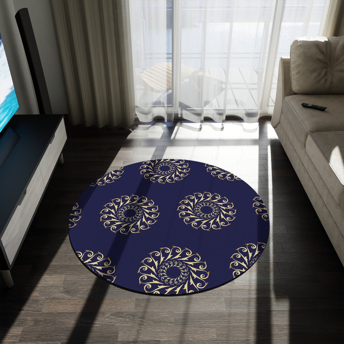 Round Rug Kukloso No 11 Gold Design on Dark Navy Free Shipping