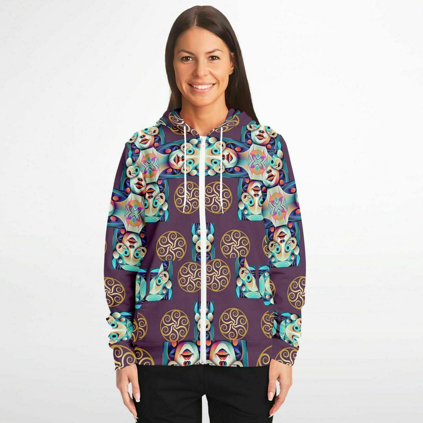 Fashion Zip-Up Hoodie - AOP Kukloso Cubist Faces No 13 Purple, Multicolored - Free Shipping