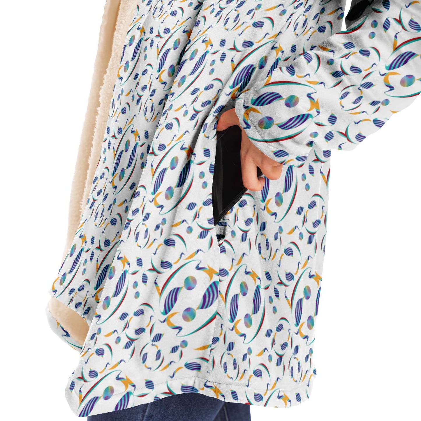 Microfleece Cloak - AOP Kukloso Whimsical No 80 Abstract shapes, Aqua, Navy Yellow on White - Free Shipping