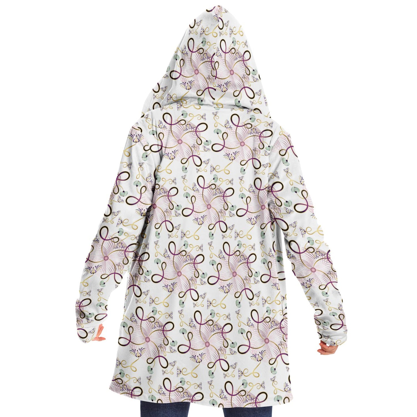 Microfleece Cloak - AOP Kukloso Whimsical No 25 Pink, Gold abstract shapes on White - Free Shipping